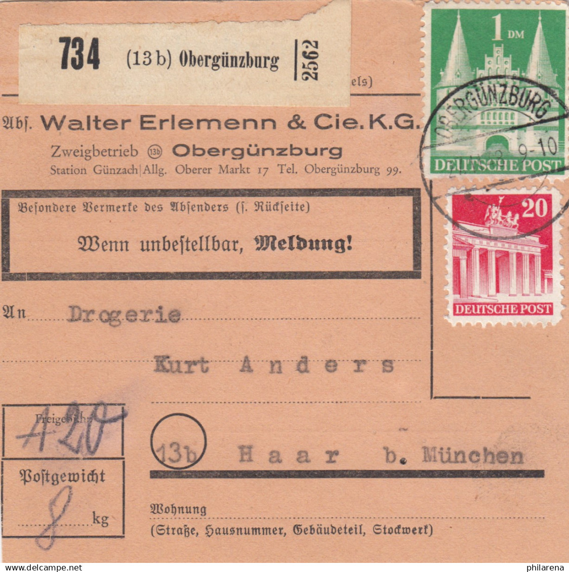 Paketkarte 1948: Obergünzburg Nach Haar Bei München - Lettres & Documents