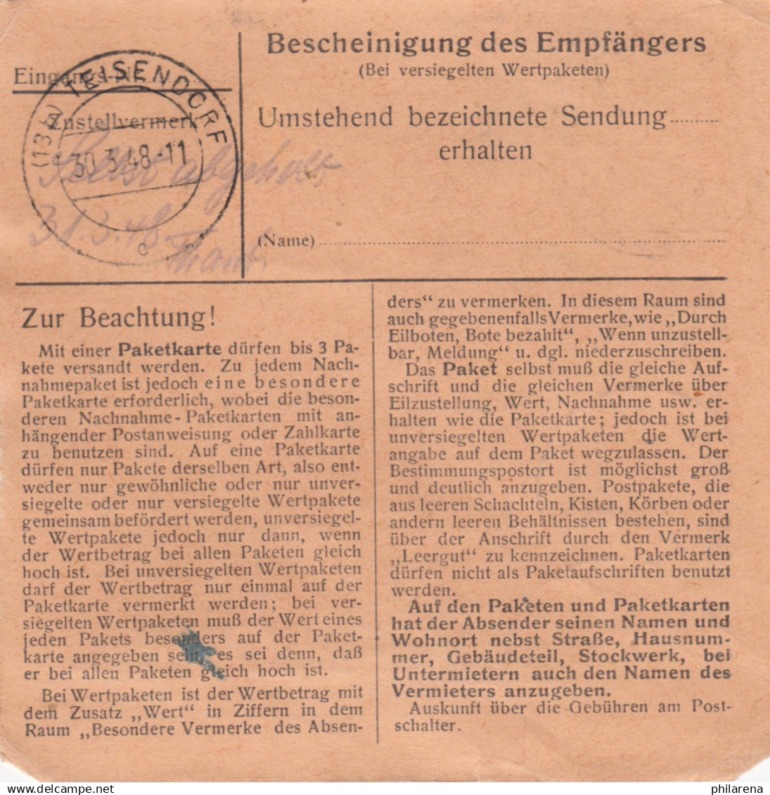 Paketkarte 1948: Laufen Nach Mehring - Cartas & Documentos