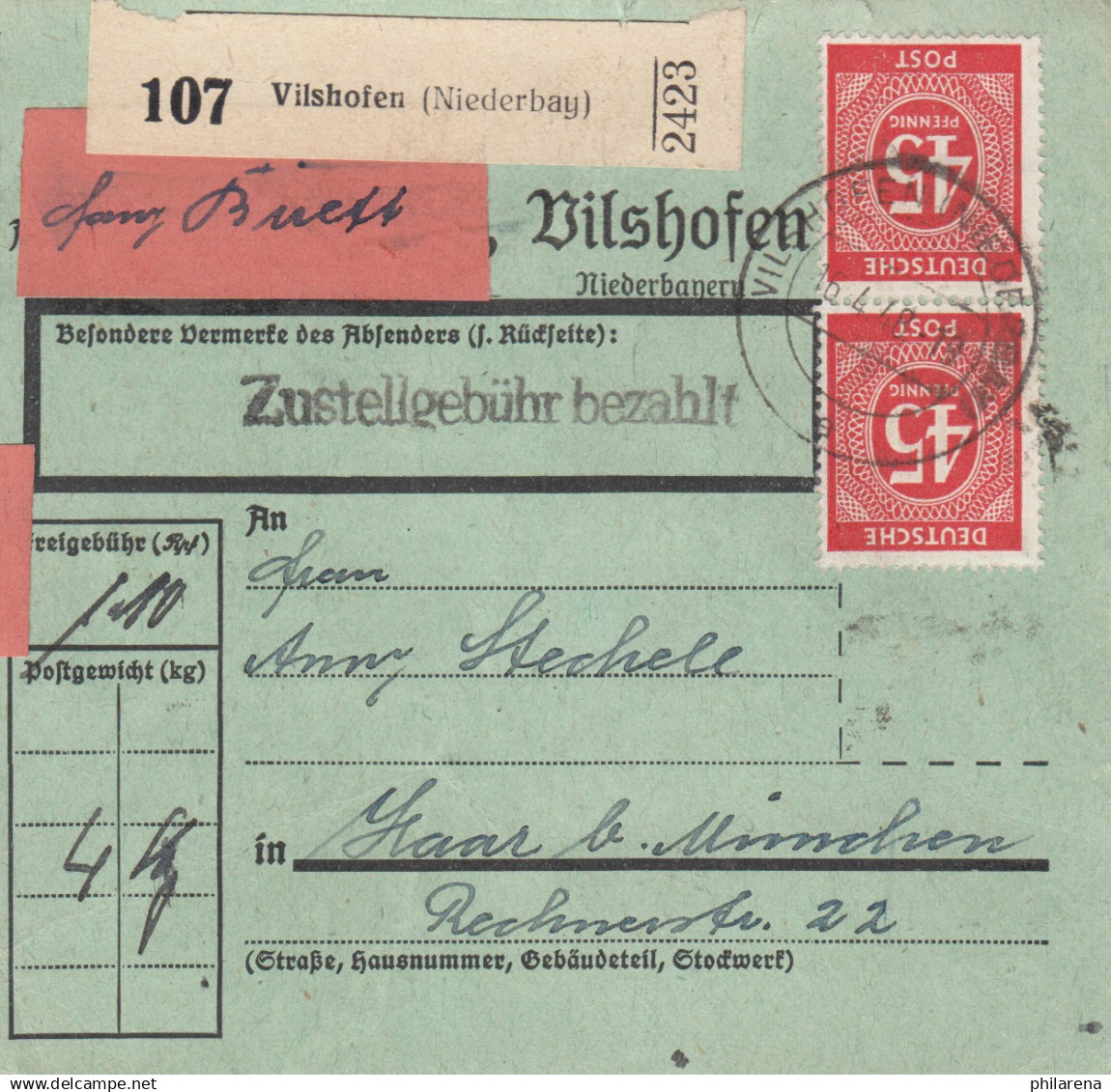 Paketkarte 1948: Vilshofen Nach Haar, Seltenes Formular, Selbstbucher - Briefe U. Dokumente