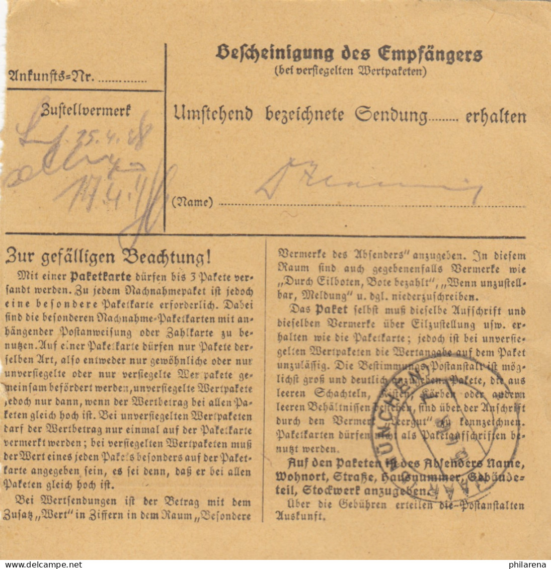 Paketkarte 1948: Ruhmannsfelden Achslach Nach Haar, Selbstbucher - Briefe U. Dokumente