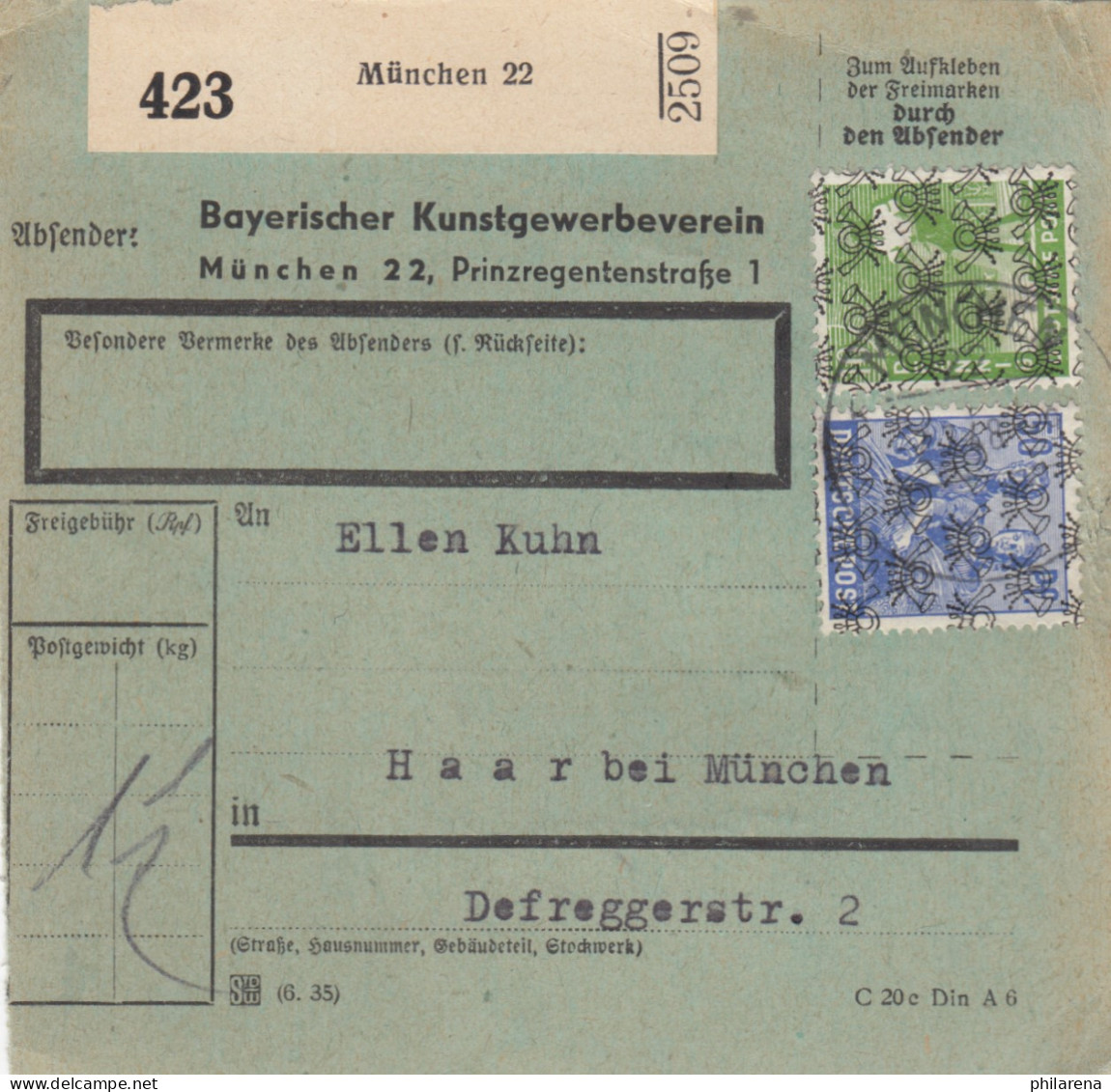 Paketkarte 1948: München, Kunstgewerbeverein / Haar, Bes. Formular, Selbstbucher - Lettres & Documents