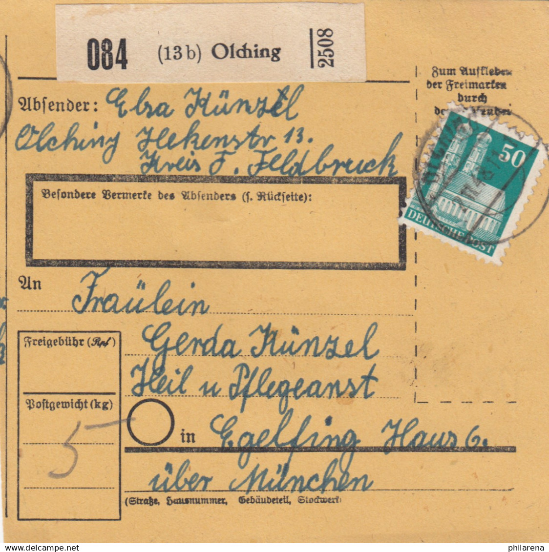 BiZone Paketkarte 1948: Olching Nach Eglfing, Heilanstalt - Lettres & Documents