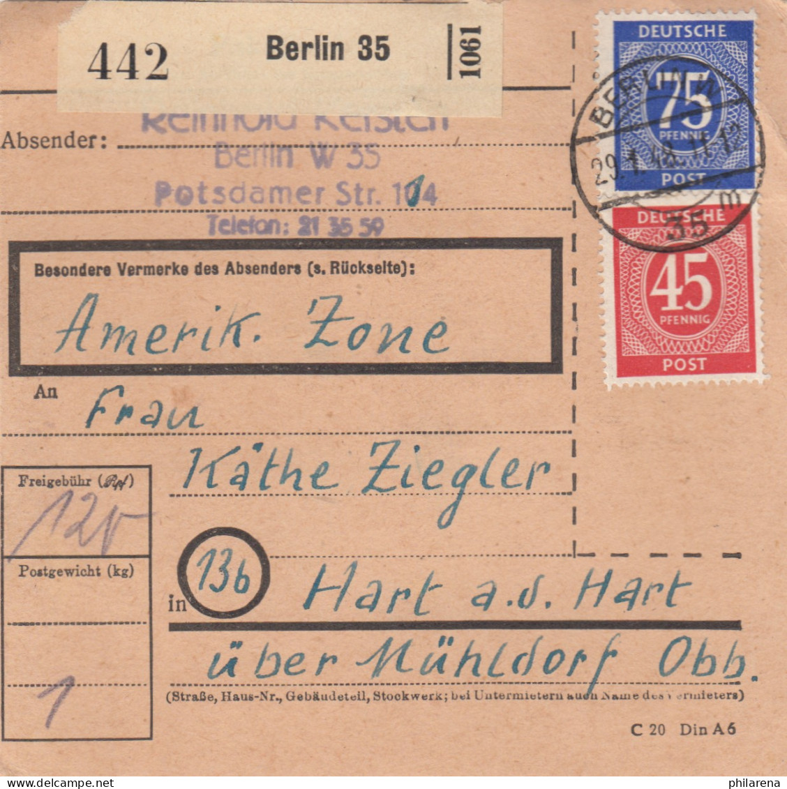 Paketkarte 1948: Berlin W 35 Nach Hart A.d. Hart - Lettres & Documents