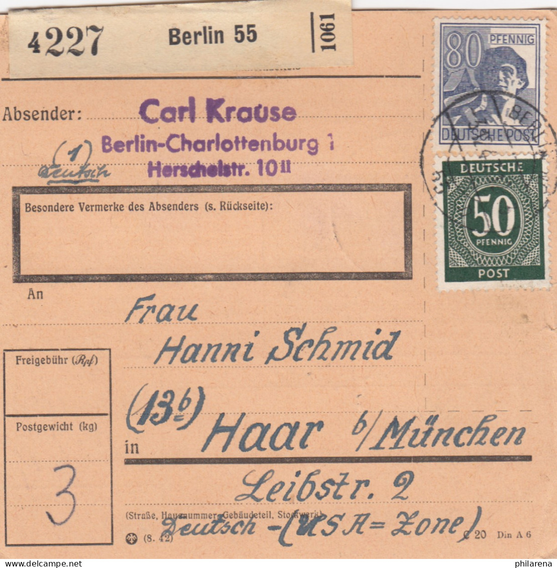 Paketkarte: Berlin 55 Nach Haar - Briefe U. Dokumente