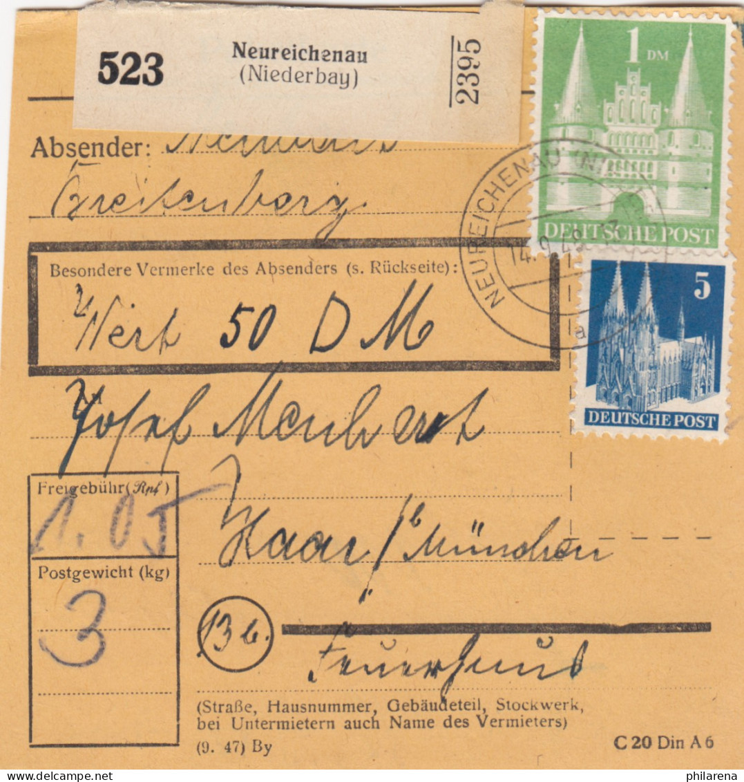 BiZone Paketkarte 1948: Neureichenau Nach Haar, Wertkarte 50 DM - Brieven En Documenten