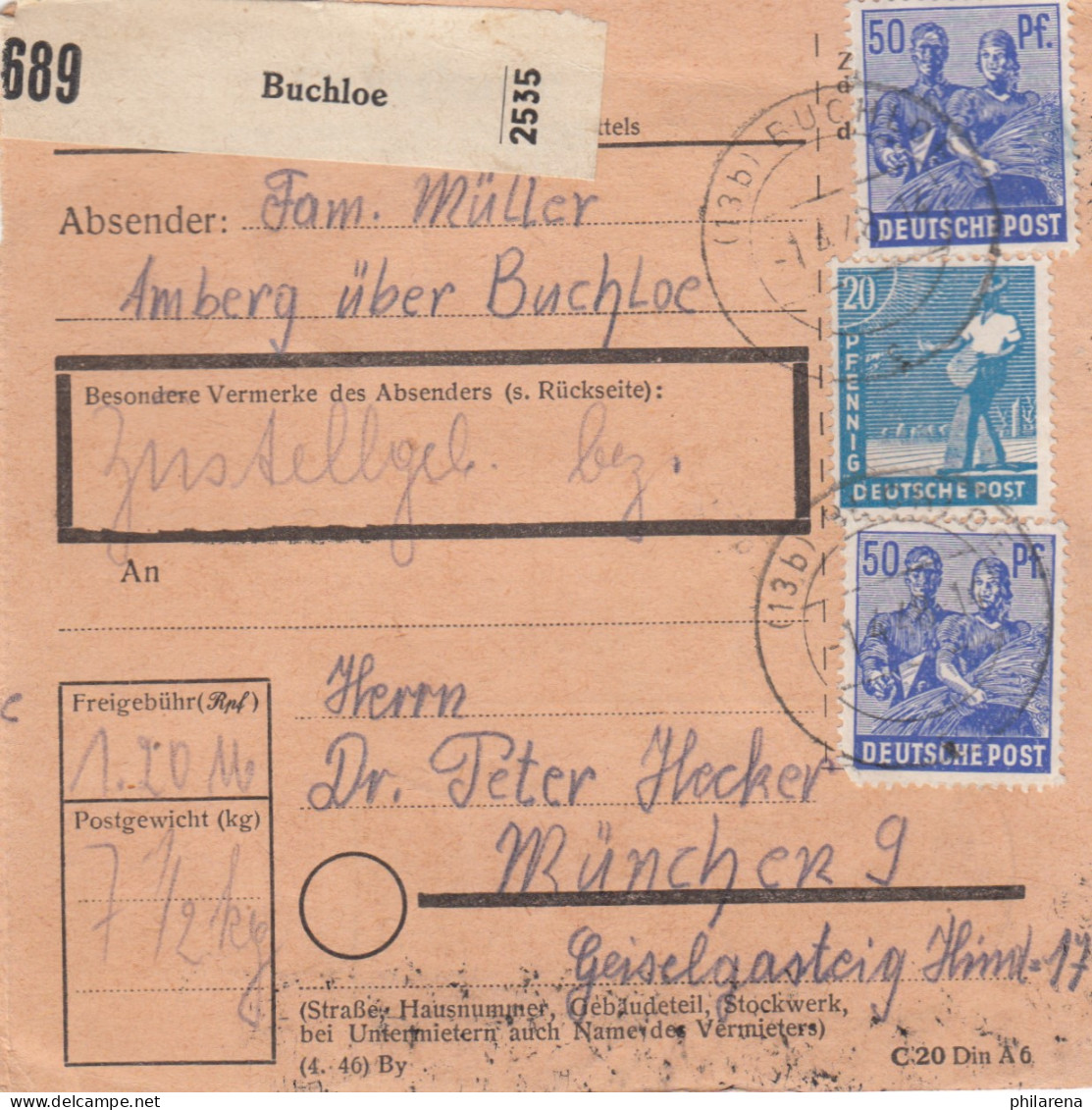 Paketkarte 1948: Amberg Buchloe Nach München - Cartas & Documentos