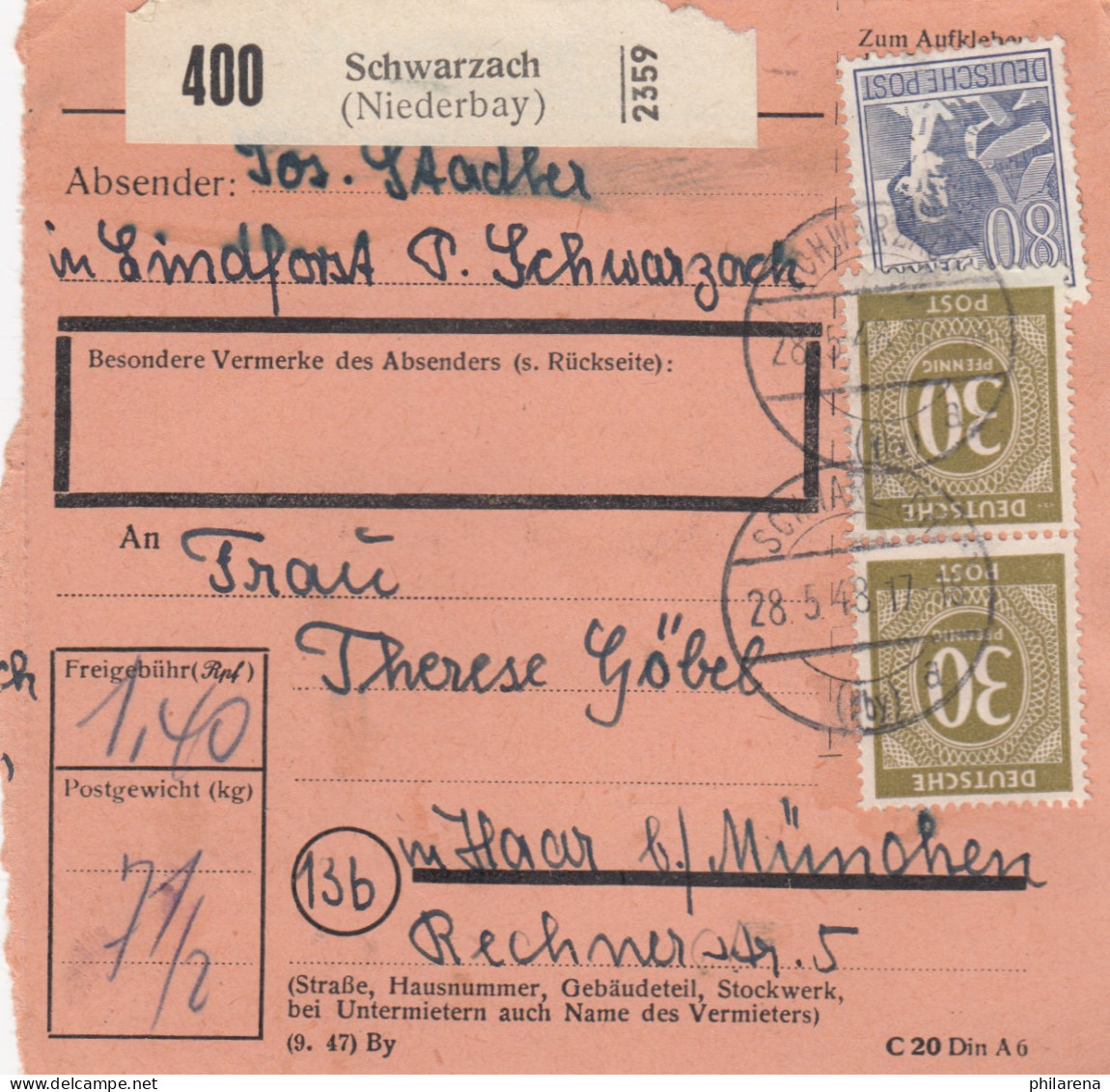 Paketkarte 1948: Schwarzach In Lindforst Nach Haar - Briefe U. Dokumente