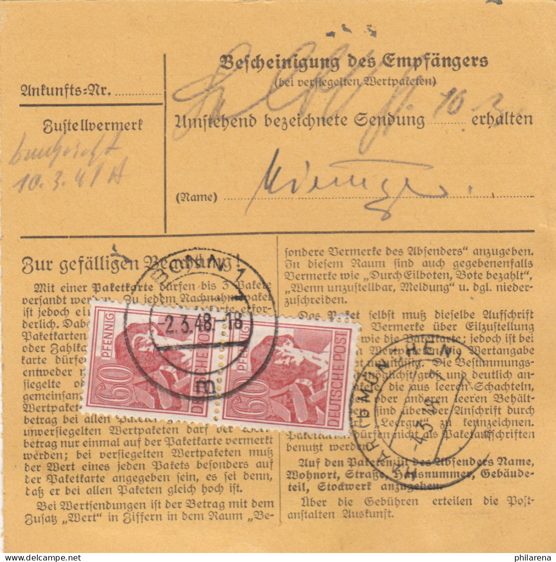Paketkarte 1948: Bonn, Dentistin, Nach Haar - Lettres & Documents