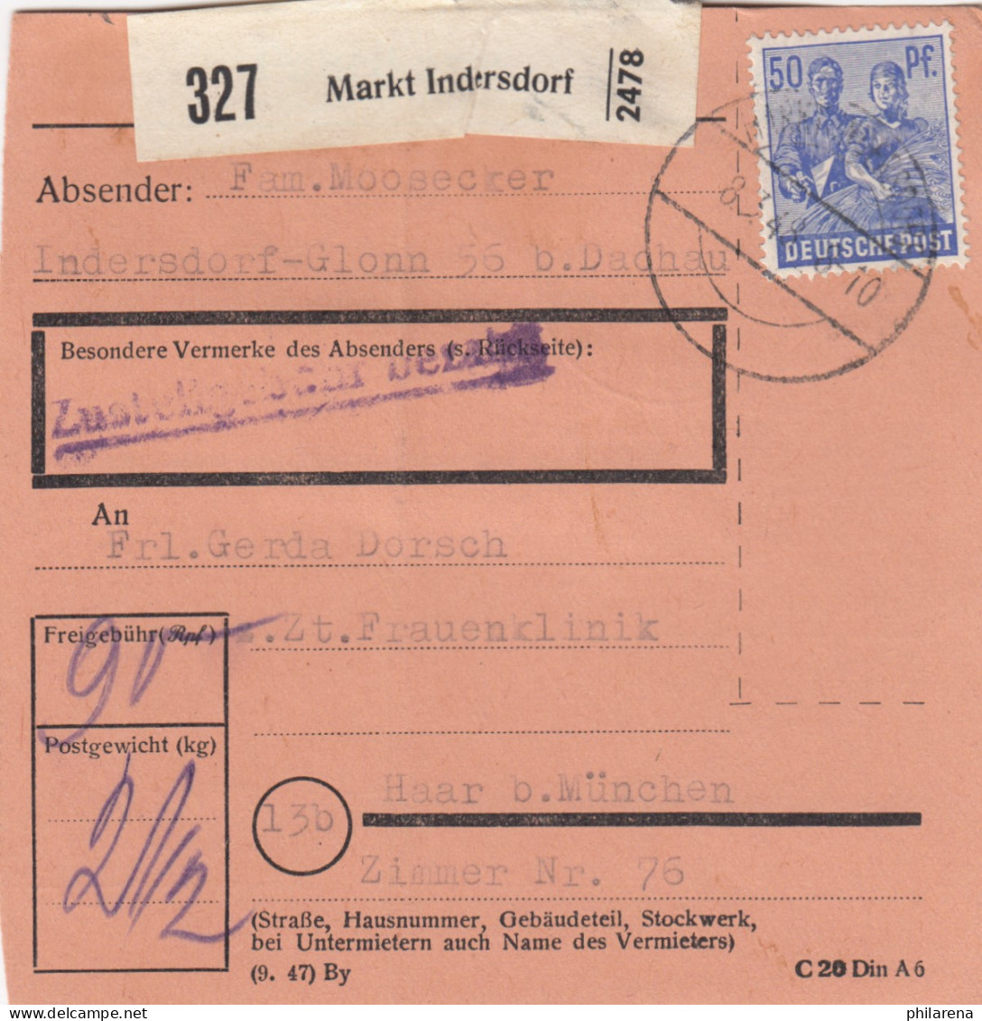 Paketkarte 1948: Indersdorf-Glonn Nach Haar, Frauenklinik - Cartas & Documentos