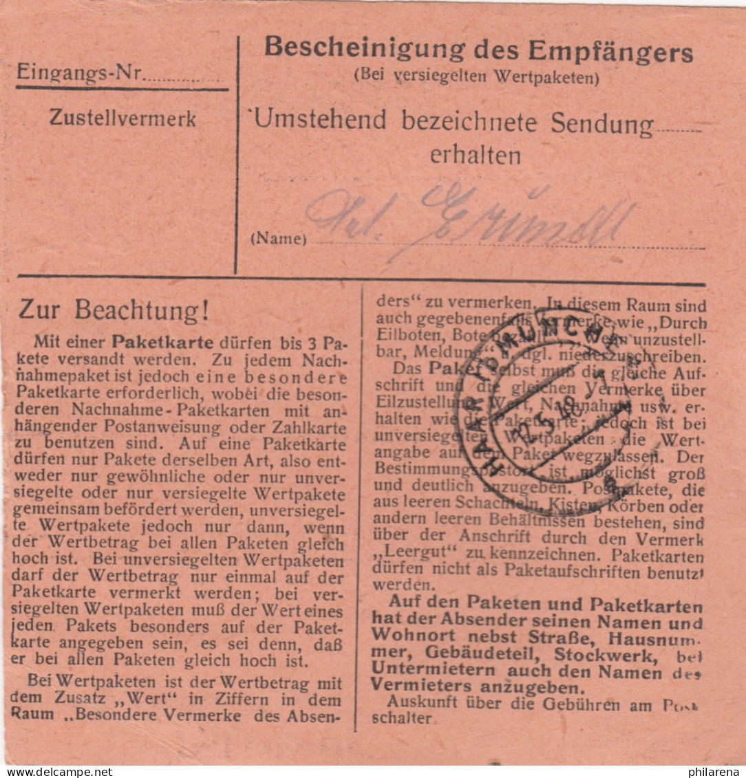 Paketkarte 1948: Rennersthofen B. Neuburg Nach Haar, Oberpflegerin - Lettres & Documents