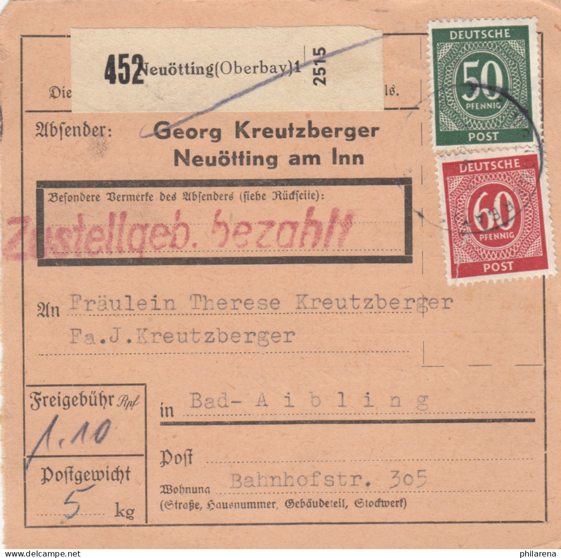 Paketkarte: Neuötting Nach Bad-Aibling, Selbstbucher - Lettres & Documents