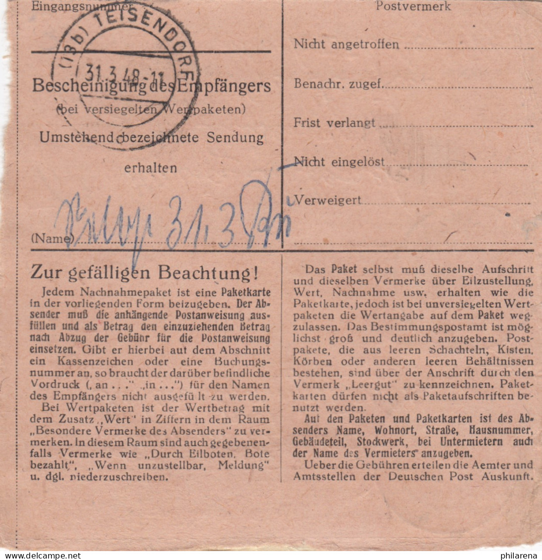 Paketkarte 1948: Rehau Nach Teisendorf, Nachnahme - Cartas & Documentos