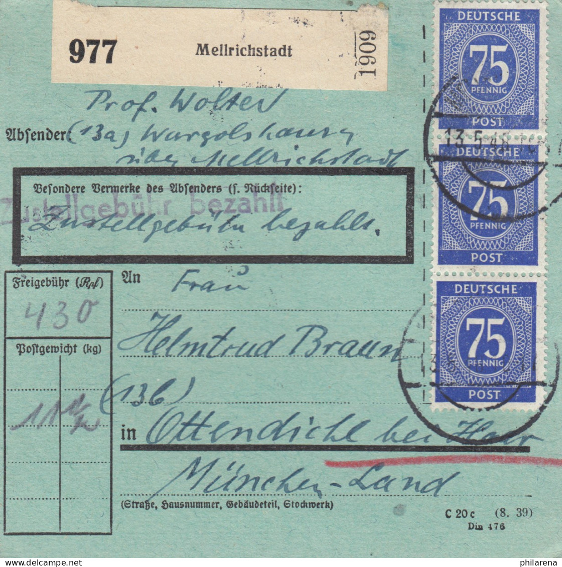 Paketkarte 1948: Mellrichstadt Nach Ottendichl, Besonderes Formular - Lettres & Documents