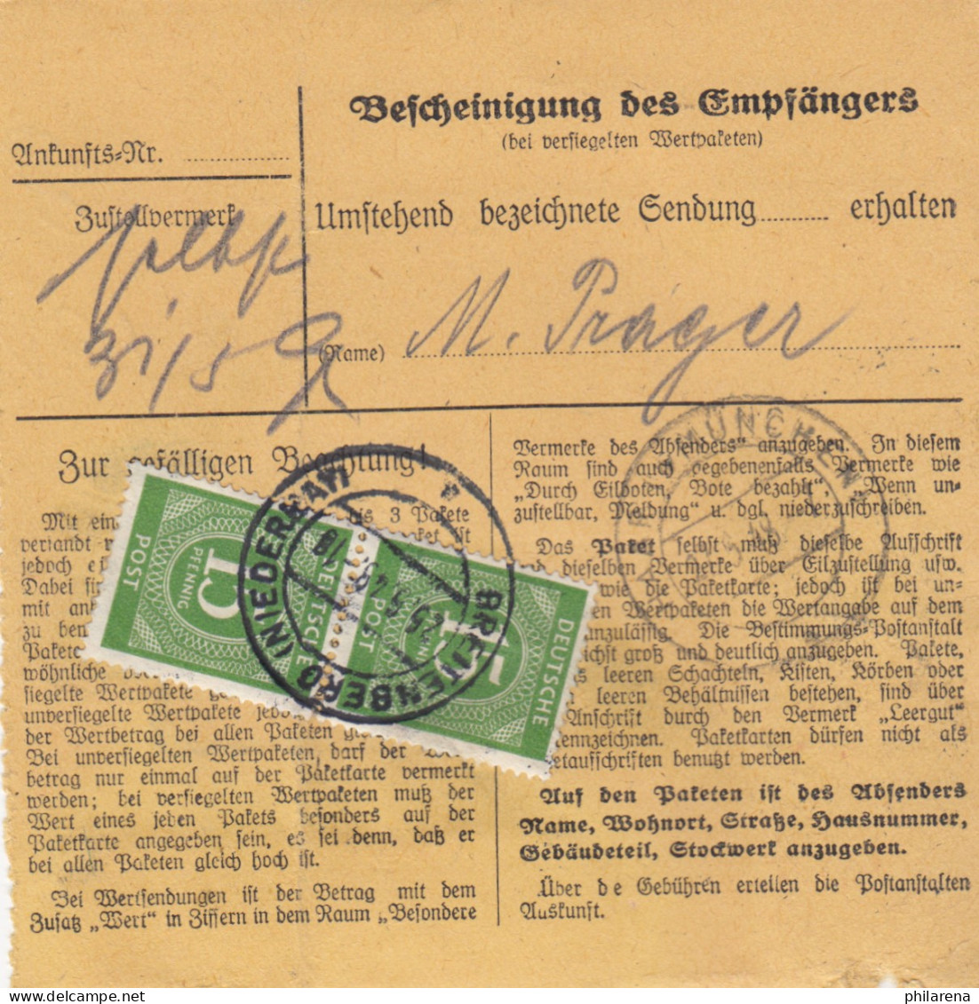 Paketkarte 1948: Breitenberg Nach Eglfing Haar Bei München - Lettres & Documents