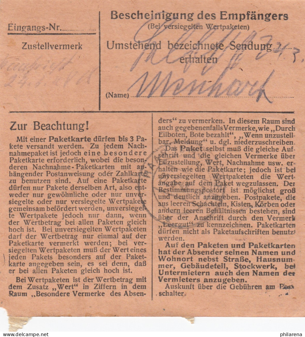 Paketkarte 1948: Breitenberg Nach Haar B. München, Wertkarte - Lettres & Documents