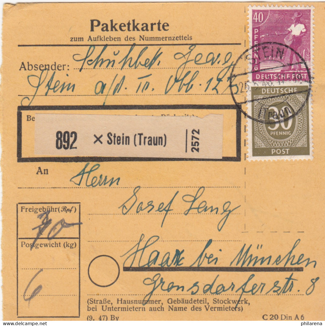 Paketkarte 1948: Stein A.d. Traun Nach Haar - Lettres & Documents