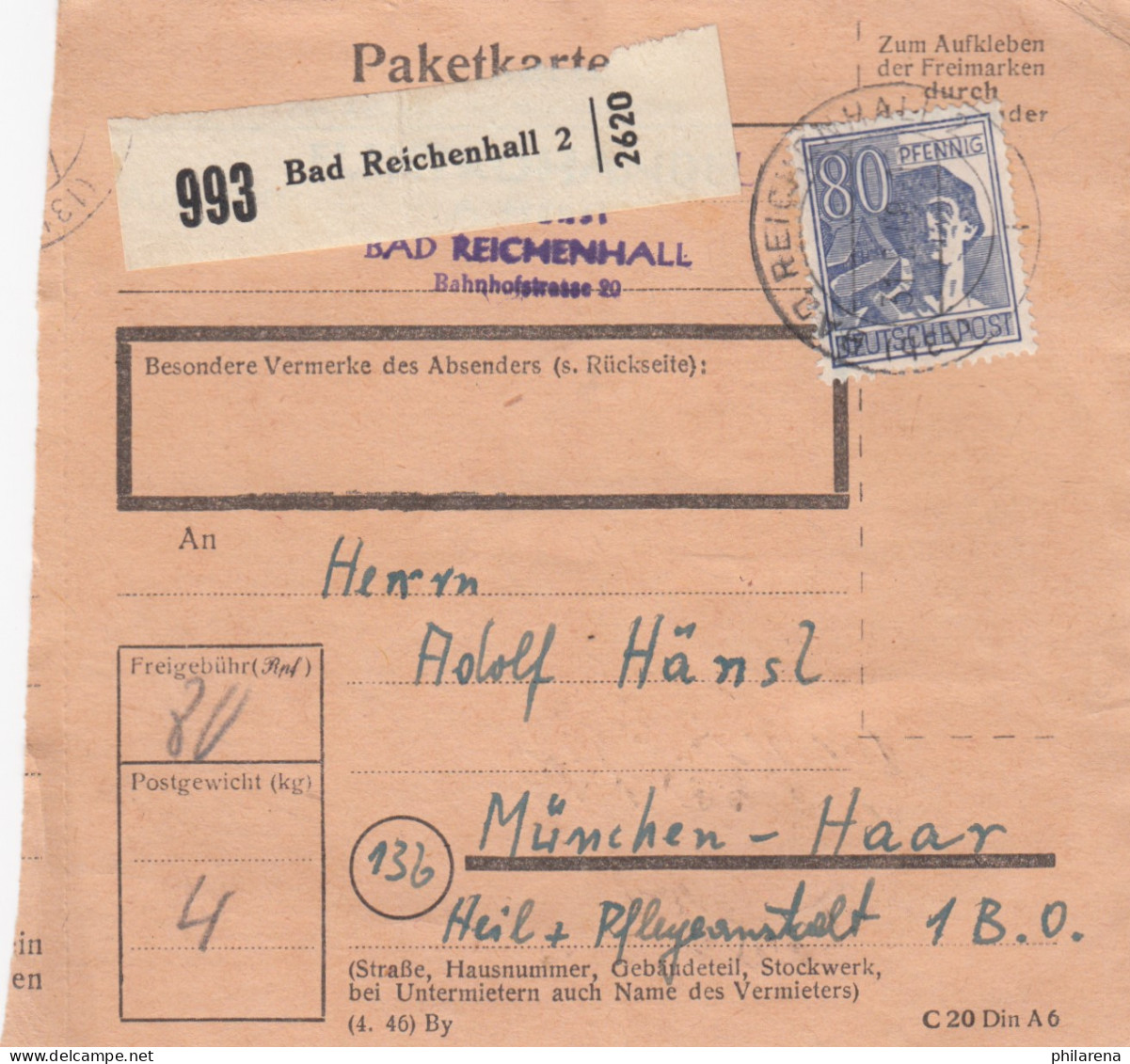 Paketkarte 1948: Bad Reichenhall Nach München, Heilanstalt - Briefe U. Dokumente