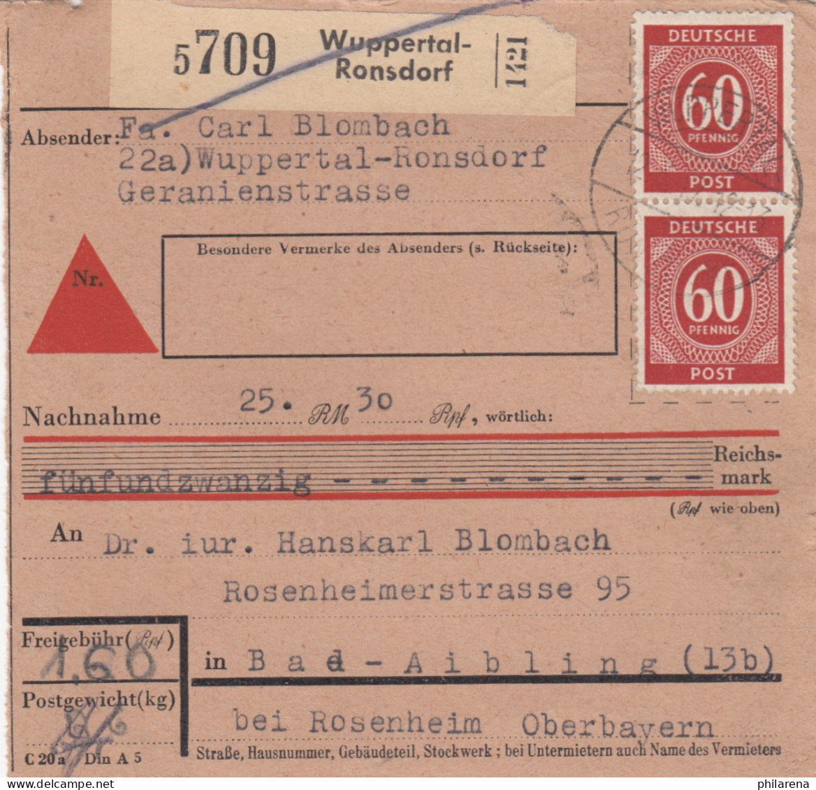 Paketkarte 1947: Wuppertal-Ronsdorf Nach Bad Aibling, Nachnahme - Lettres & Documents