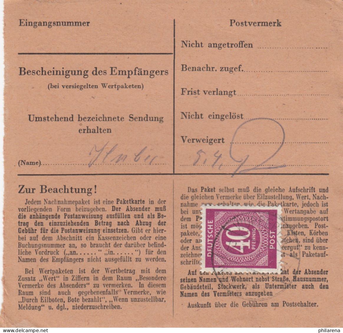 Paketkarte 1947: Wuppertal-Ronsdorf Nach Bad Aibling, Nachnahme - Lettres & Documents