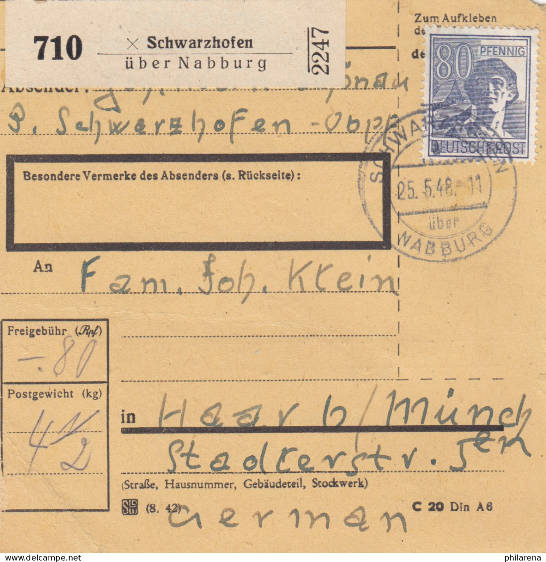 Paketkarte 1948: Schwarzhofen Obpf. Nach Haar - Lettres & Documents