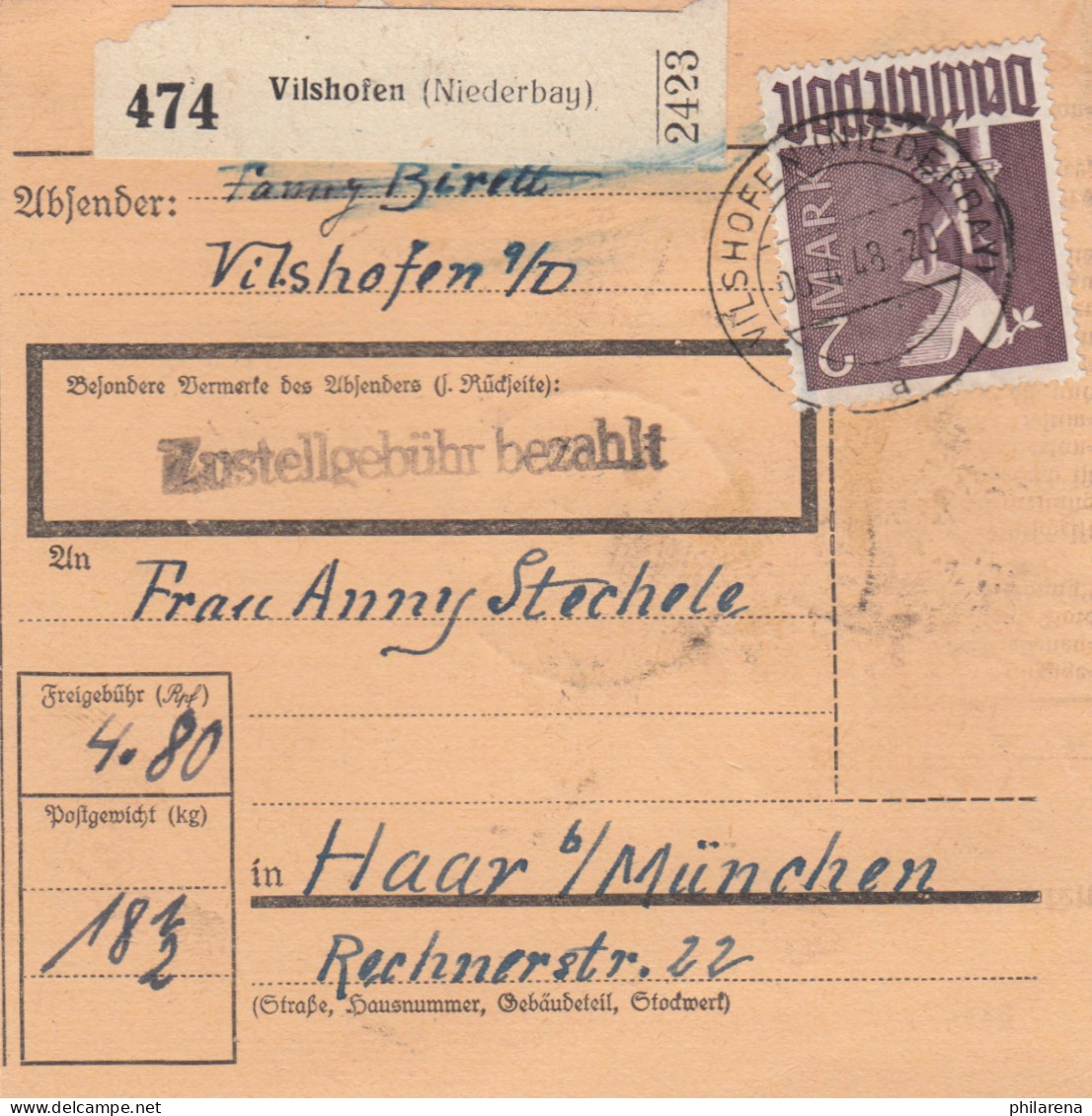 Paketkarte 1948: Vilshofen Nach Haar Bei München - Lettres & Documents