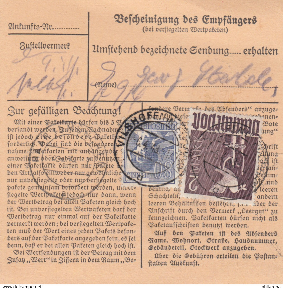 Paketkarte 1948: Vilshofen Nach Haar Bei München - Lettres & Documents