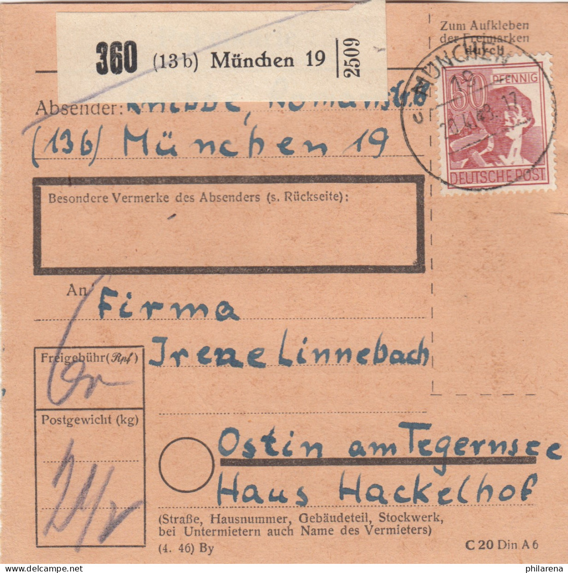 Paketkarte 1948: München 19 Nach Ostin Am Tegernsee, Haus Hackelhof - Briefe U. Dokumente