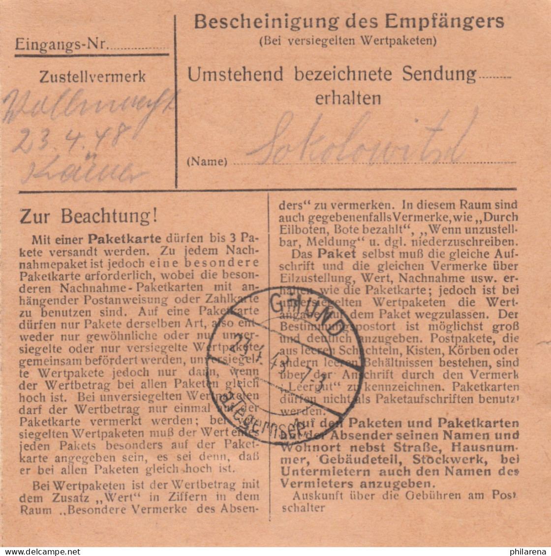 Paketkarte 1948: München 19 Nach Ostin Am Tegernsee, Haus Hackelhof - Briefe U. Dokumente