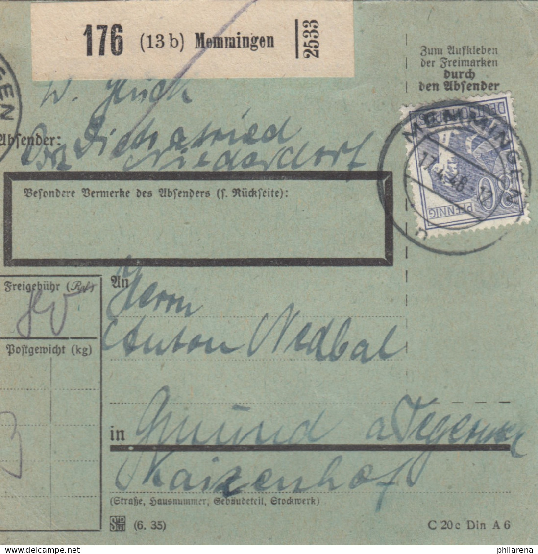 Paketkarte 1948: Memmingen Nach Gmund, Besonderes Formular - Brieven En Documenten