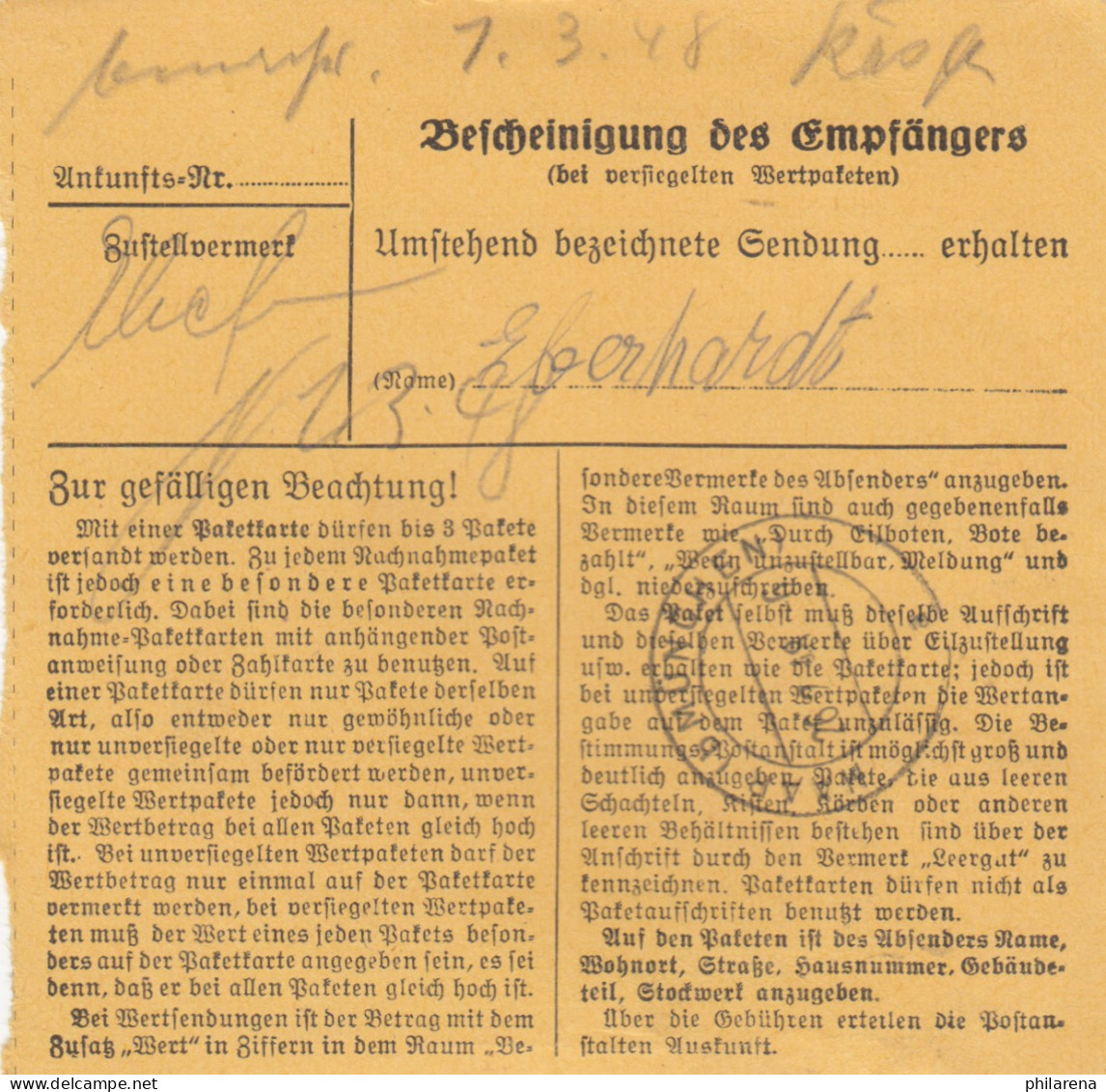 Paketkarte 1948: Friesenhausen über Hofheim Nach Putzbrunn - Brieven En Documenten