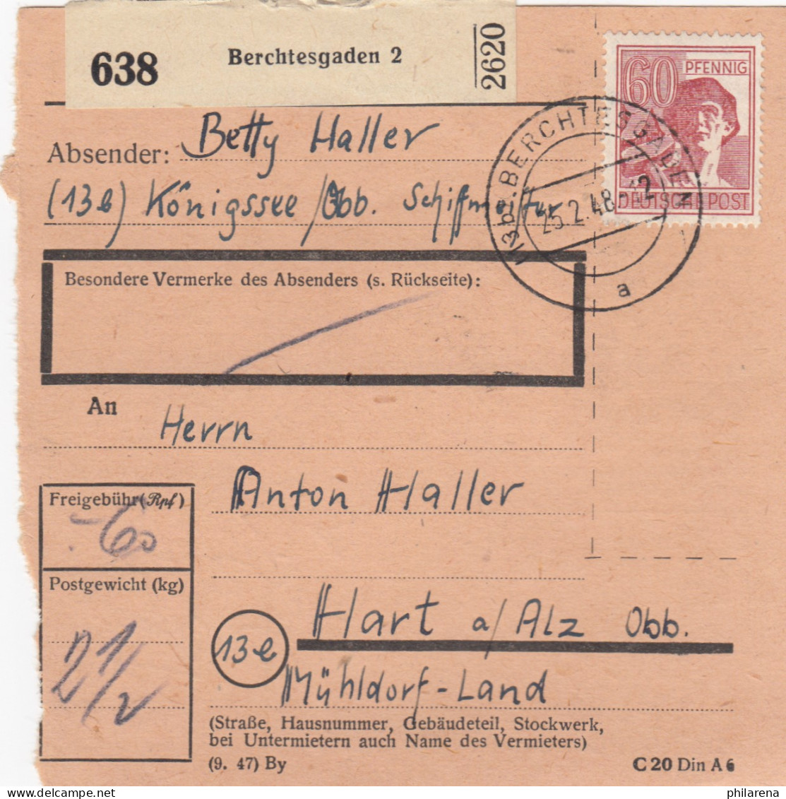 Paketkarte 1948: Berchtesgaden Nach Hart, Mühldorf - Lettres & Documents