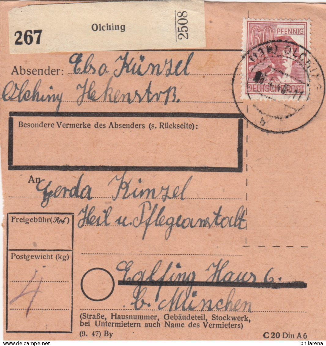 Paketkarte 1948: Olching Nach Eglfing Haus 6, Heilanstalt - Lettres & Documents