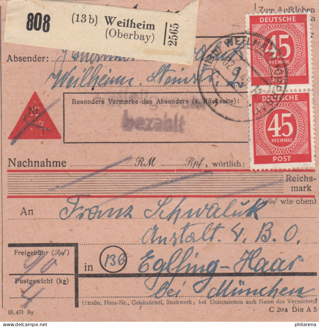 Paketkarte 1948: Weilheim Oberbay. Nach Eglfing, Anstalt, Nachnahme - Cartas & Documentos