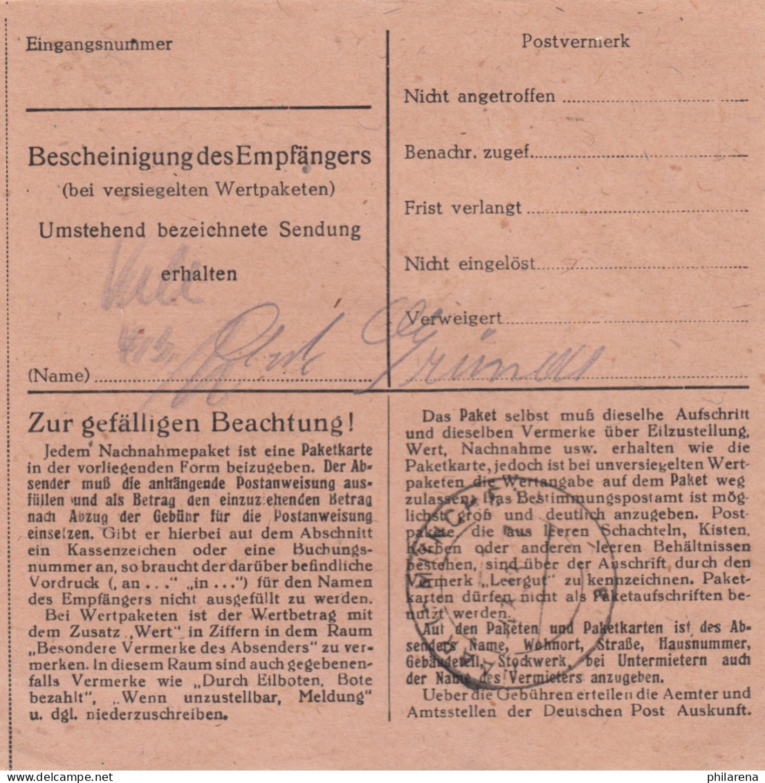 Paketkarte 1948: Weilheim Oberbay. Nach Eglfing, Anstalt, Nachnahme - Cartas & Documentos