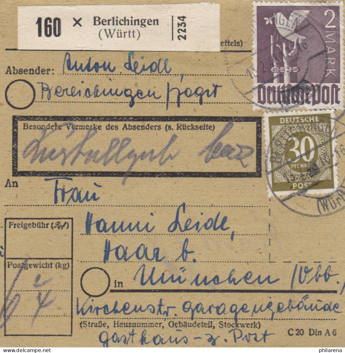 Paketkarte 1948: Berlichingen Nach München, Gasthaus Z. Post - Brieven En Documenten