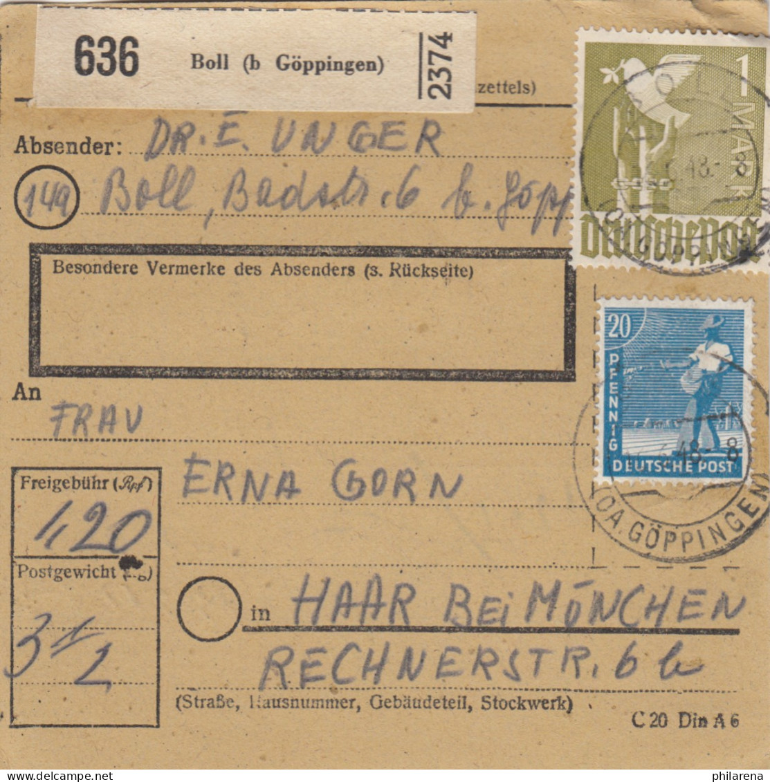 Paketkarte 1948: Boll B. Göppingen Nach Haar - Lettres & Documents