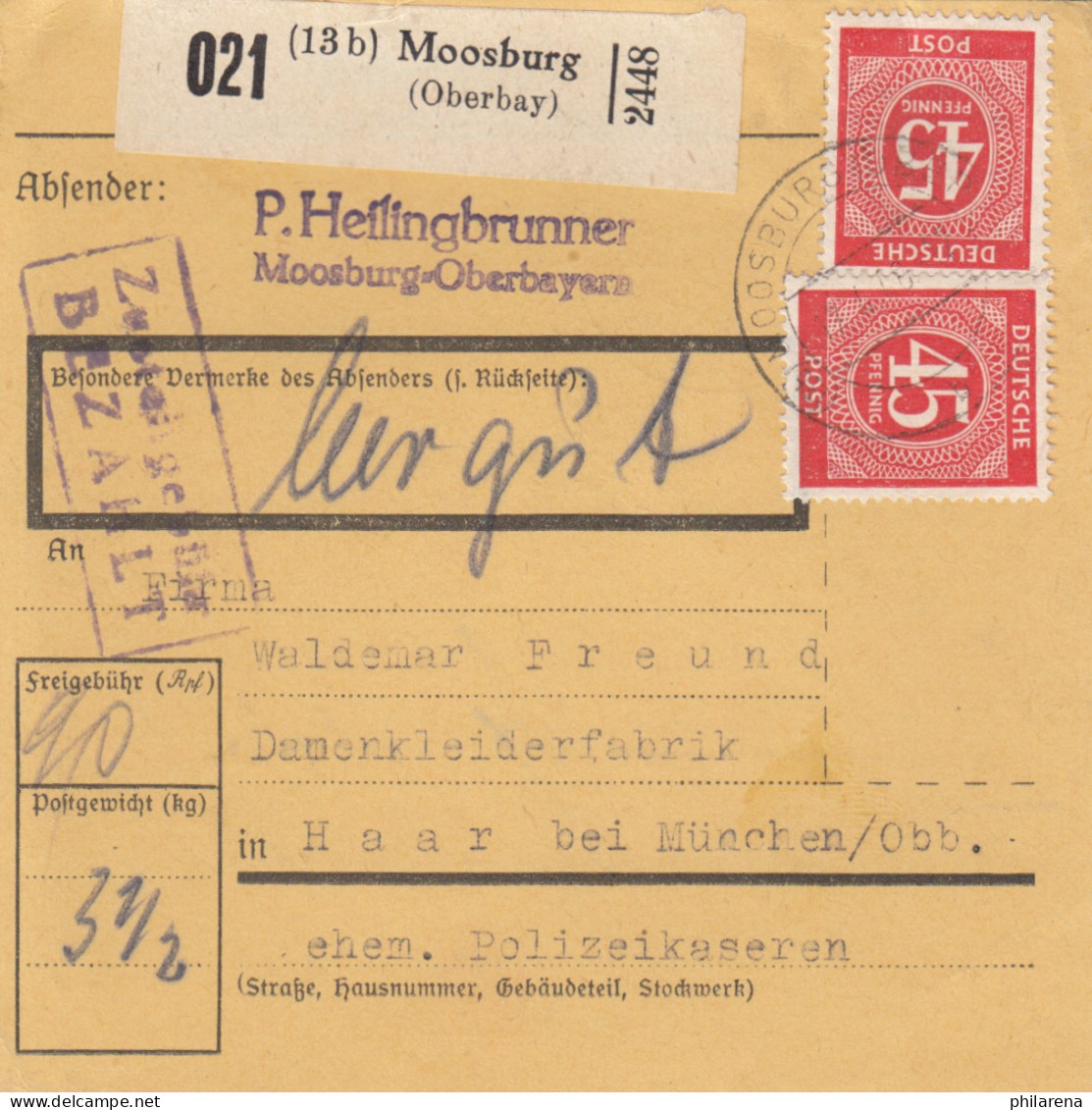 Paketkarte 1948: Moosburg Nach Damenkleider In Haar, Leergut - Lettres & Documents