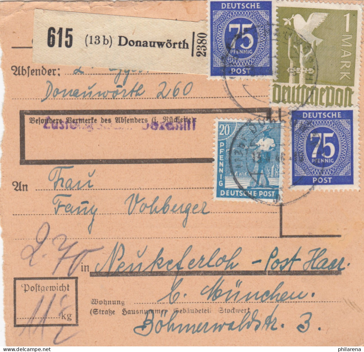 Paketkarte 1948: Donauwörth Nach Neukeferloh Post Haar - Lettres & Documents