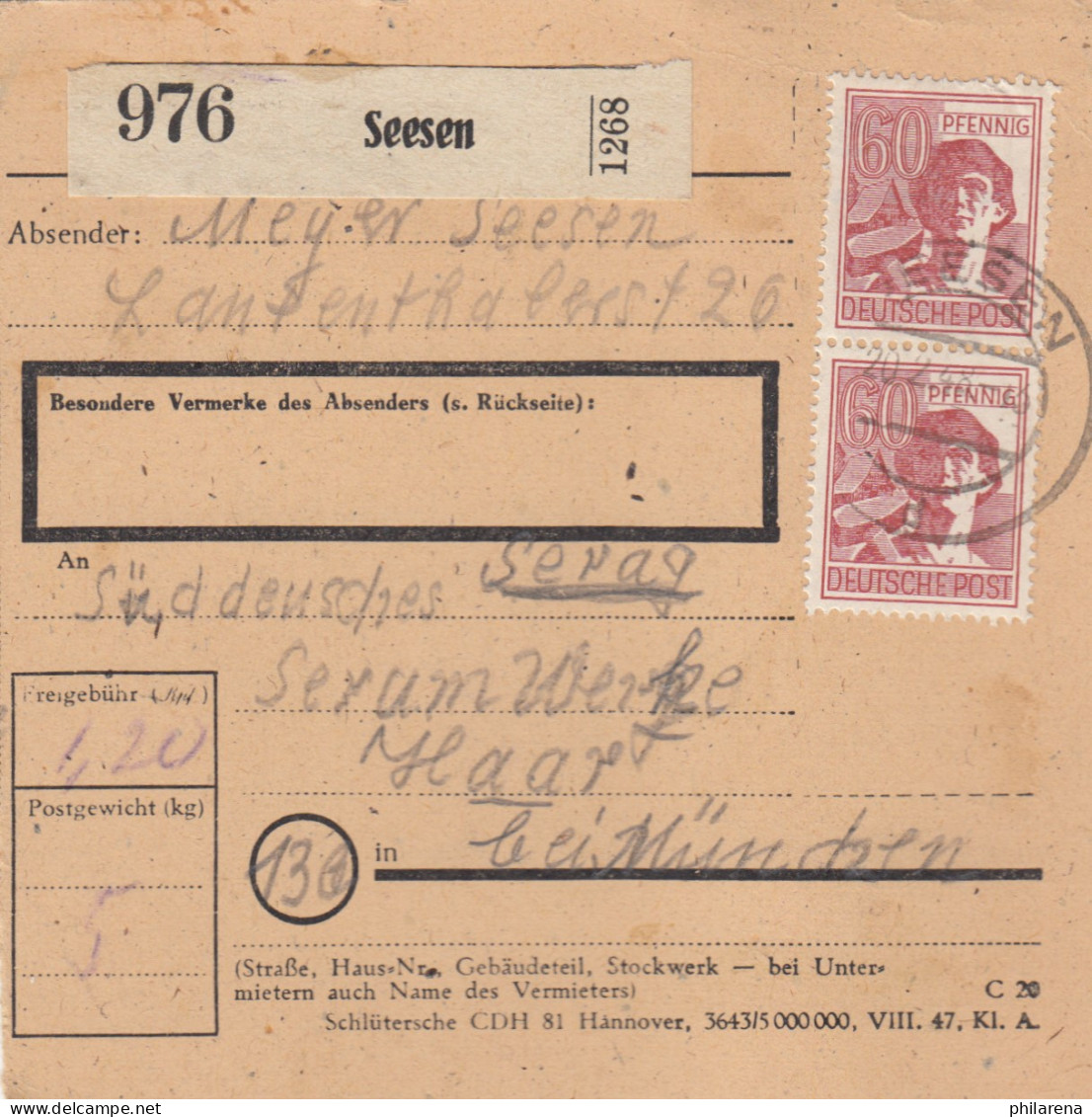 Paketkarte 1948: Seesen Nach Serag Werke In Haar - Lettres & Documents