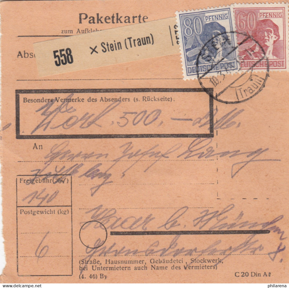 Paketkarte 1948: Stein Traun Nach Haar, Wertkarte - Lettres & Documents