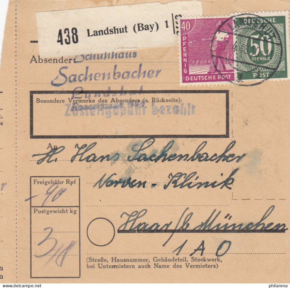 Paketkarte 1948: Landshut, Schuhaus, Nach Nerven-Klinik Haar - Lettres & Documents