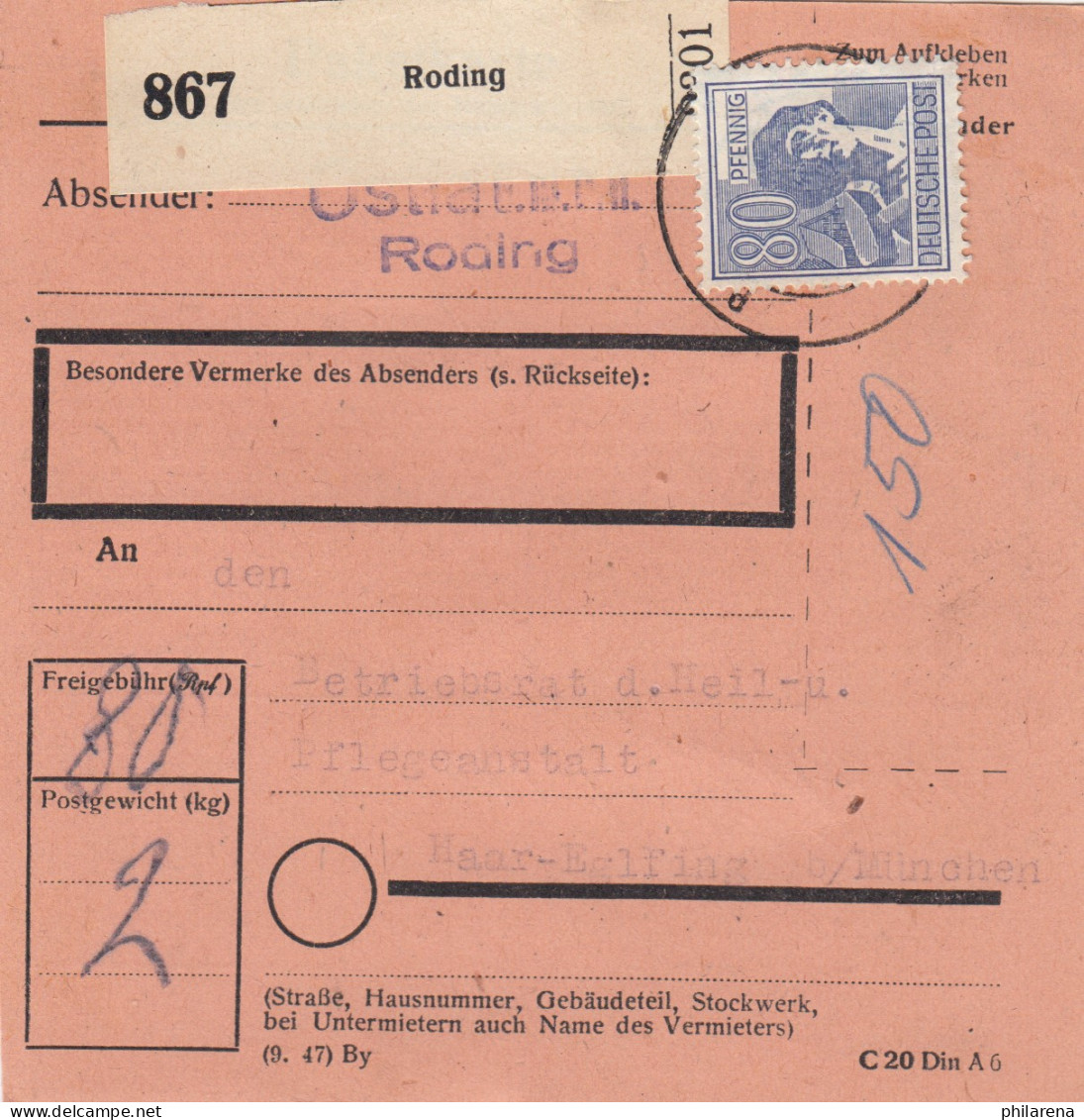 Paketkarte 1948: Roding Nach Haar, Betriebsrat Heilanstalt - Lettres & Documents