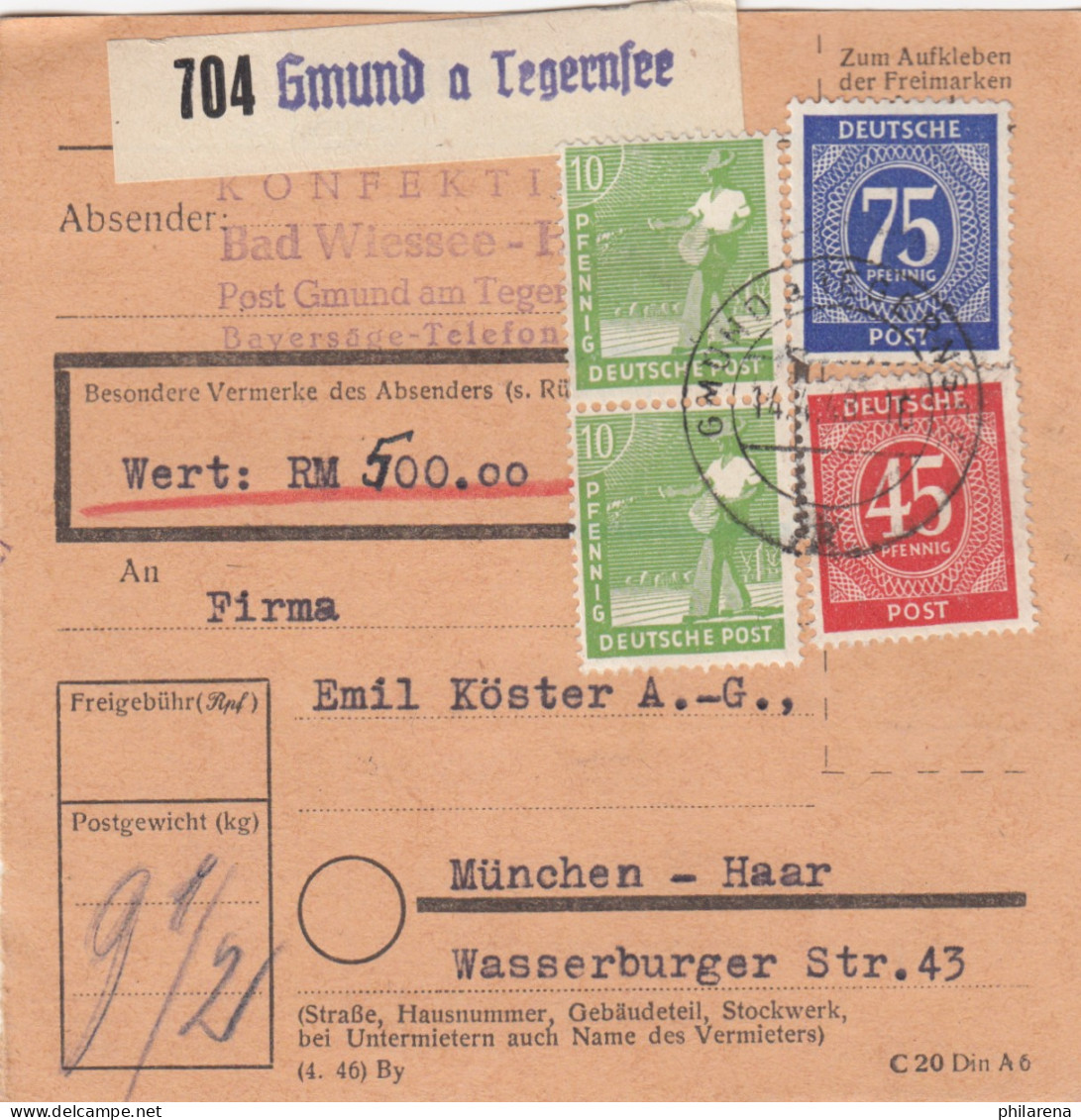 Paketkarte 1948: Gmund Nach München, Wert 500 RM - Briefe U. Dokumente