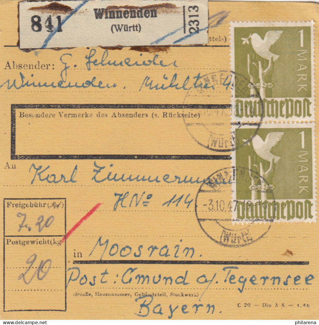 Paketkarte 1947: Winnenden Württ. Nach Moosrain Post Gmund - Cartas & Documentos