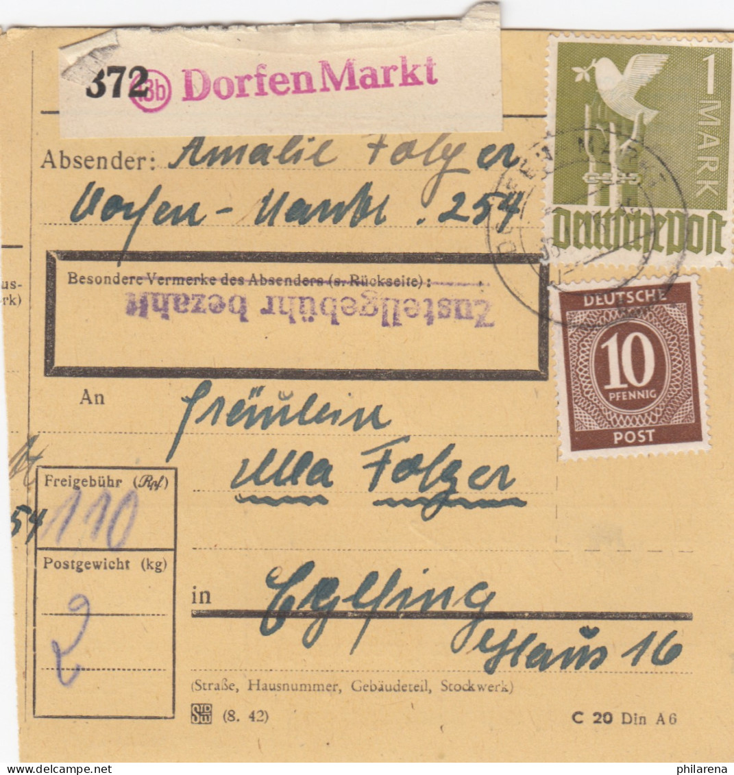Paketkarte 1948: Dorfen Markt Nach Eglfing - Lettres & Documents