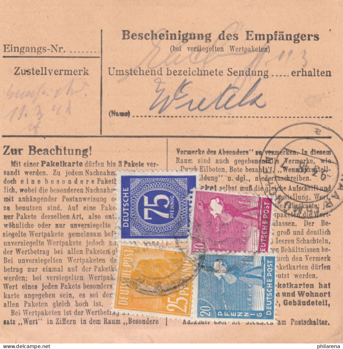 Paketkarte 1948: Berlin, Int. Spedition N. Haar, Bes. Verm. 2478 - Brieven En Documenten