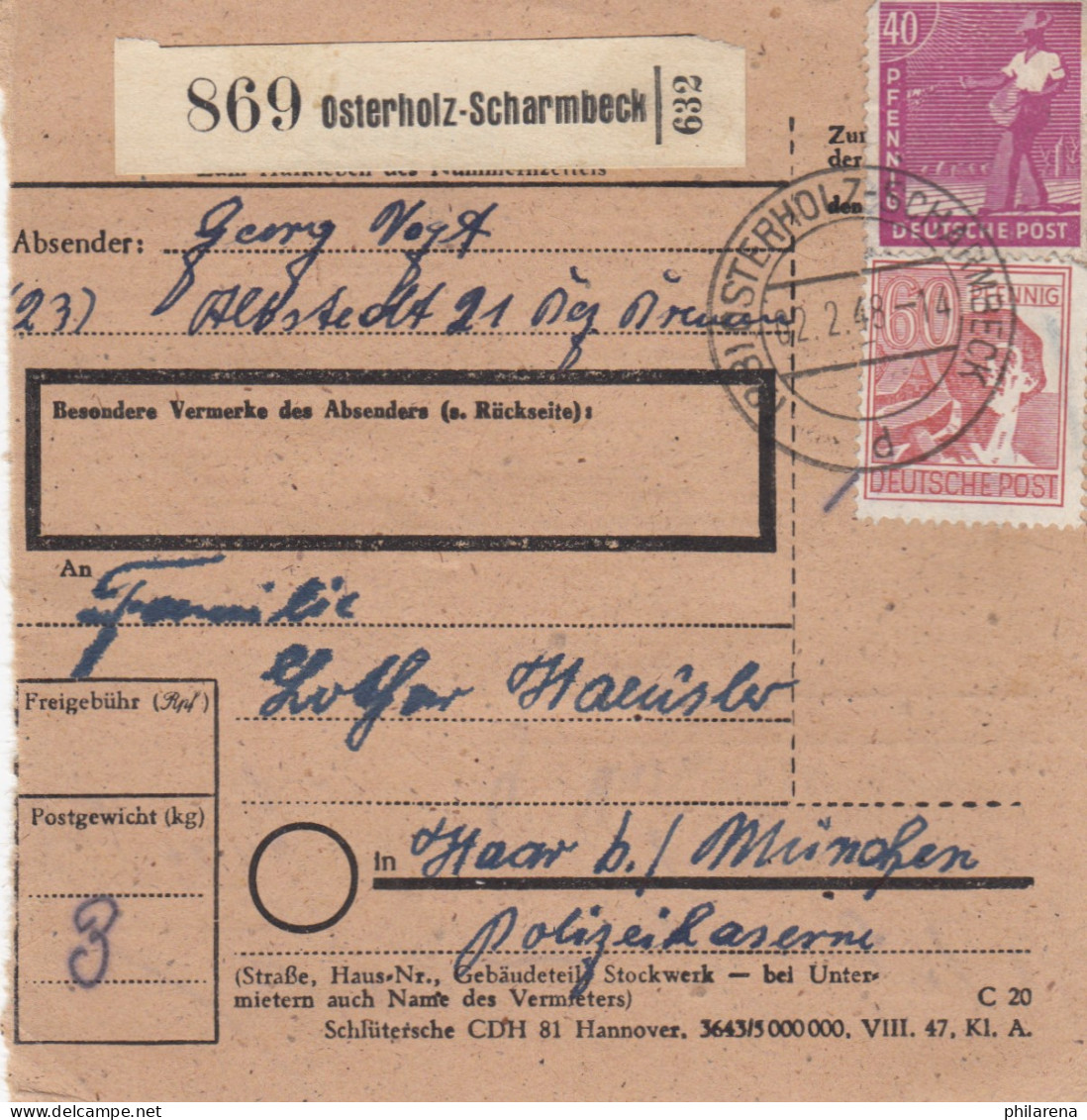 Paketkarte 1948: Allstedt Osterholz-Scharmbeck Nach Haar, Polizeikaserne - Briefe U. Dokumente