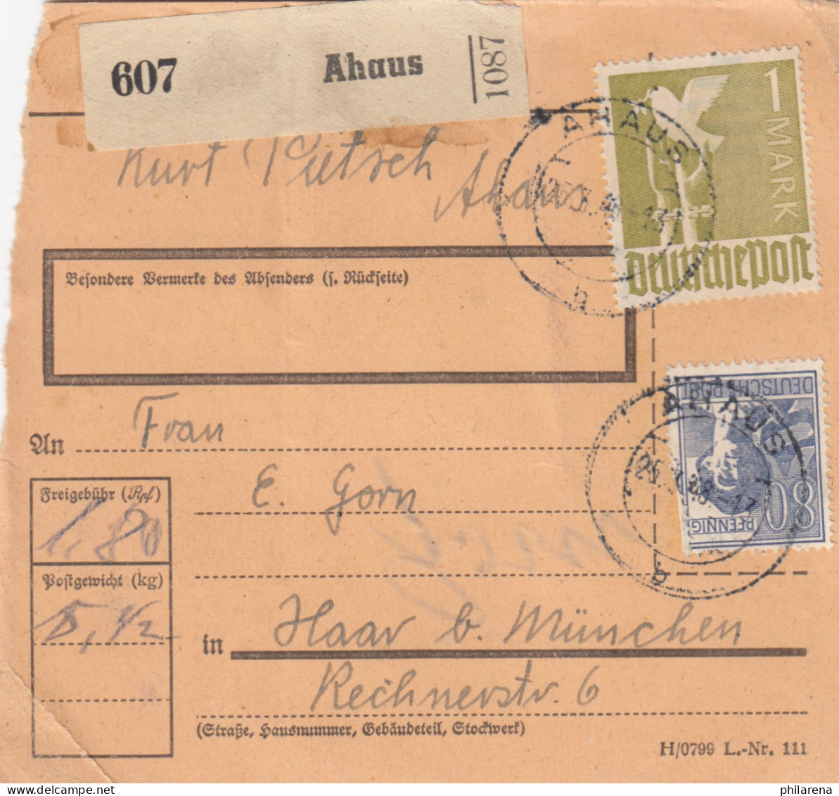 Paketkarte 1948: Ahaus Nach Haar - Lettres & Documents