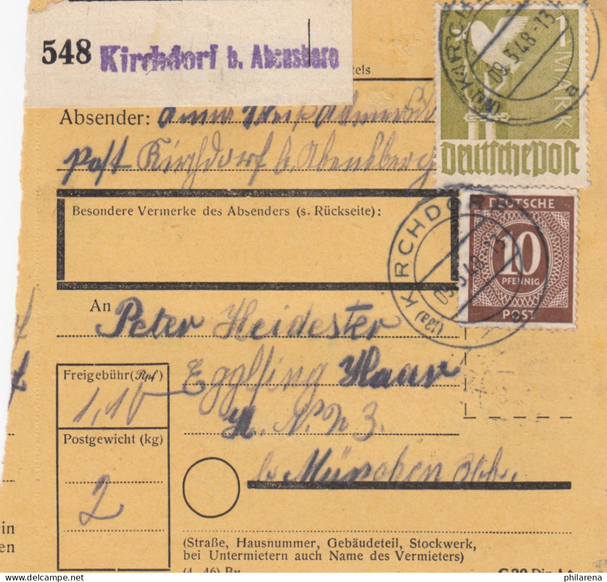 Paketkarte 1948: Kirchdorf Abensberg Nach Eglfing Haar - Storia Postale