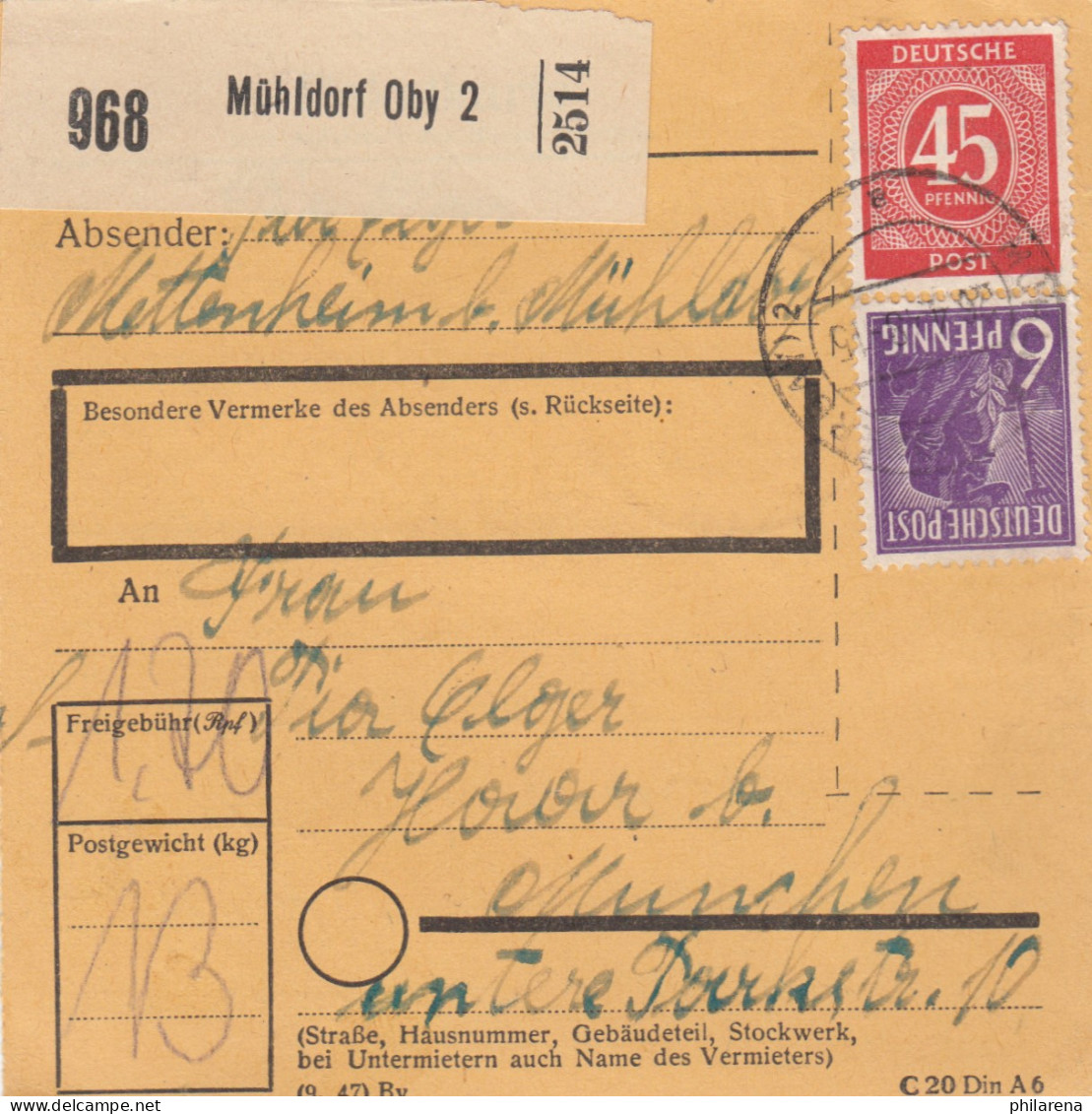 Paketkarte 1948: Mettenheim Mühldorf Nach Haar - Lettres & Documents